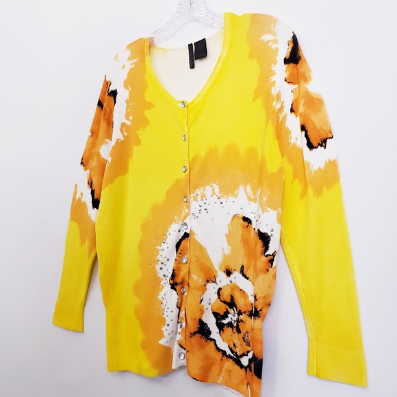 Nue Options Sunshine Yellow/ Autumn Abstract Floral w/Bling Cardigan Sweater - Picture 9 of 12